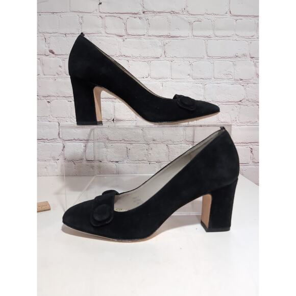 Boden Black Suede Leather Block Heel Pumps US 6 EU 37 Button Detail Square Toe - Picture 1 of 13